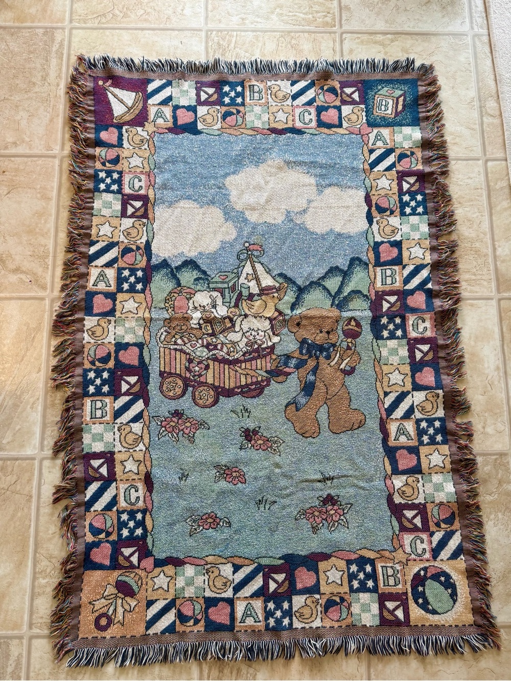 Vintage Embroidered Knit Tapestry Teddy Bear Crib Baby Blanket with Fringe